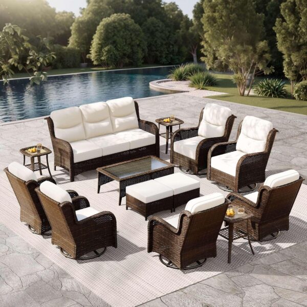 c1d18126a5f740b9ae0308e37cd90bf6 Outdoor Swivel Rocker Patio Chairs with 6-Inch Thick Cushions and Side Table, 3PCS High Back Wicker Patio Furniture Set for Porch, Balcony, Deck and Yard in Blue