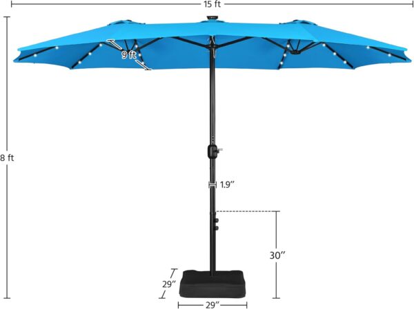 c2ceacdf019d4045b46ed5b1dca45854 15 ft Large Patio Umbrella with Solar Lights Double-Sided Outdoor Rectangle Market Umbrellas with 36 LED Lights/Base Included/Easy Crank for Patio Garden Yard Pool Lawn, Brown