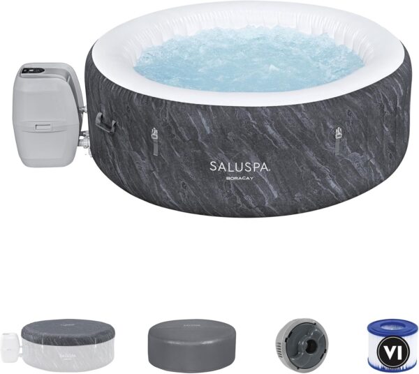c30e0a012b49435484580df263bb9395 Bestway SaluSpa Fiji AirJet Large Round 2 to 4 Person Inflatable Hot Tub Portable Outdoor Spa with 120 AirJets and EnergySense Cover, Grey