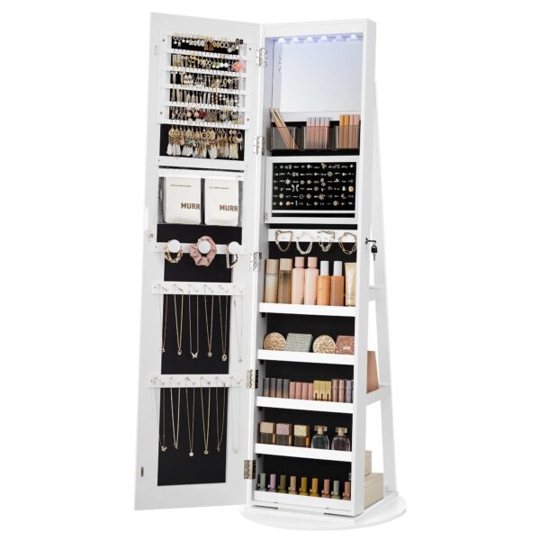 LED Mirror Jewelry Cabinet Standing Jewelry Armoire Organizer Box with Full-Length Mirror and Adjustable LED Lights White