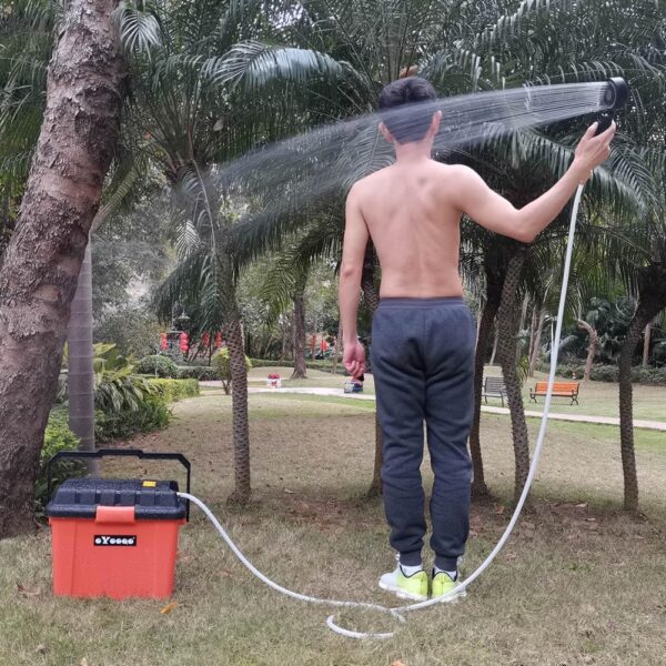 c423c28ee99f4ff9ad1225f36d6330ad Portable Outdoor Shower System, 6.6-Gallon, High Pressure, Battery Powered, 12000mAh, with Pump & Garden Hose Nozzles, Ideal for Camping