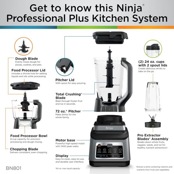 c4410c1bd45d4775818eddeede43d8b8 BN801 Professional Plus Kitchen System, 1400 WP, 5 Functions for Smoothies, Chopping, Dough & More with Auto IQ, 72-oz.* Blender Pitcher, 64-oz. Processor Bowl, (2) 24-oz. To-Go Cups, Grey
