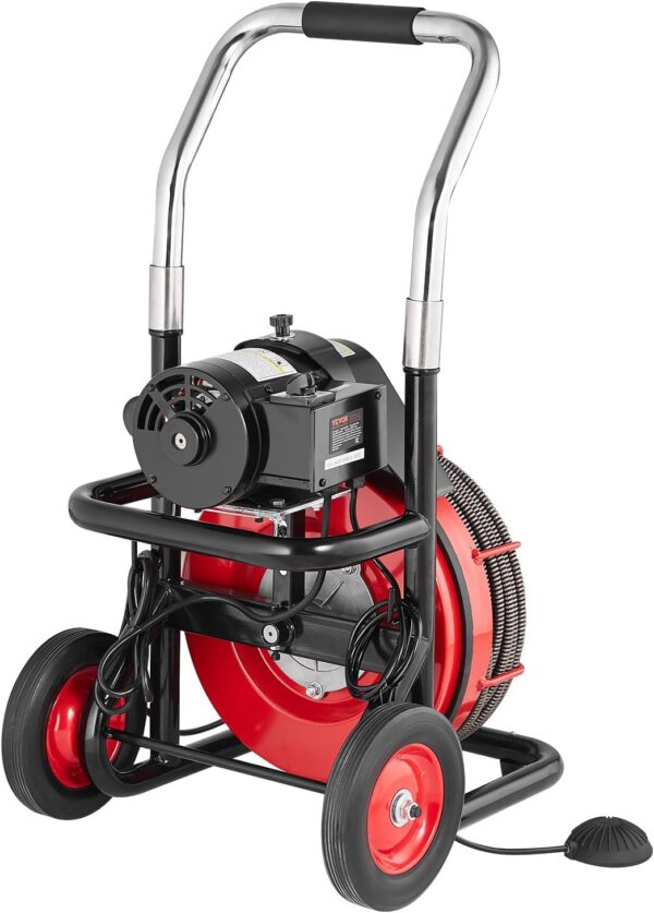 c4b059f07fe04b14b9fc409cd8d47134 VEVOR Drain Cleaner Machine 100FT x 1/2 Inch, Auto Feed Sewer Snake Auger on Wheels, 550W Portable Drain Cleaning Machine with 8 Cutters & Air-activated Foot Switch for 2" to 4" Pipes