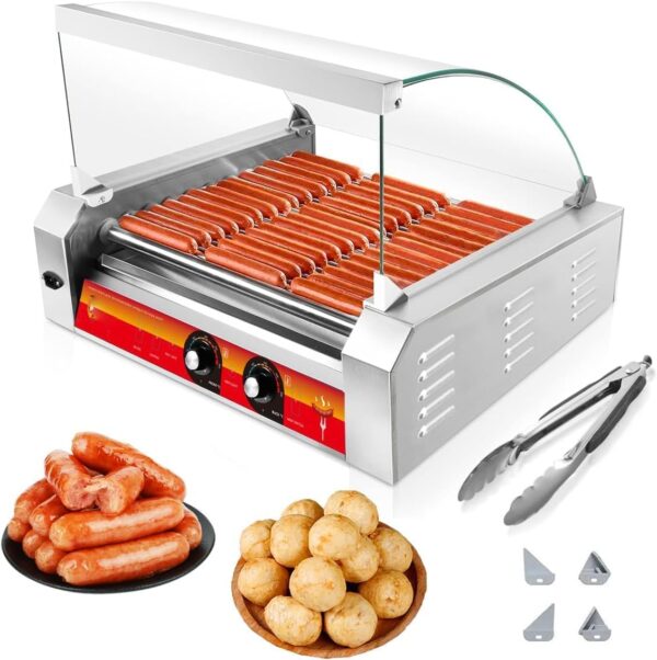c4d529de011848d28f7059e300bef26f 1670W Commercial Hot Dog Rollers,11 Rollers 30 Hotdog Roller Grill,Stainless Steel Hot Dog Machine With Dust Cover,Hot Dog Roller Machine With Dual Temp Control And Led Light/Detachable Drip Tray