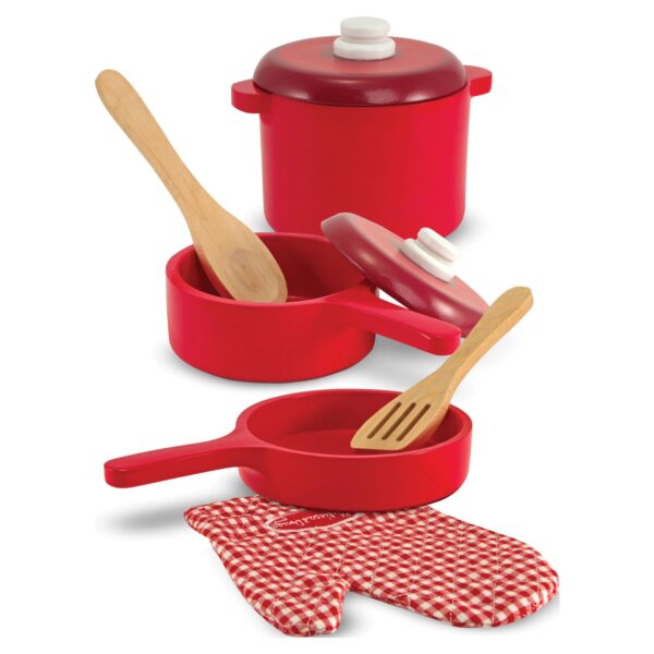 Melissa & Doug Deluxe Wooden Kitchen Accessory Play Set - Pots & Pans (8 pcs)