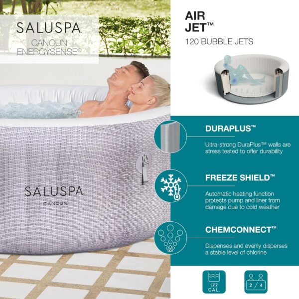 c667c2339518487fa0283aa6ab3df777 Bestway SaluSpa Fiji AirJet Large Round 2 to 4 Person Inflatable Hot Tub Portable Outdoor Spa with 120 AirJets and EnergySense Cover, Grey