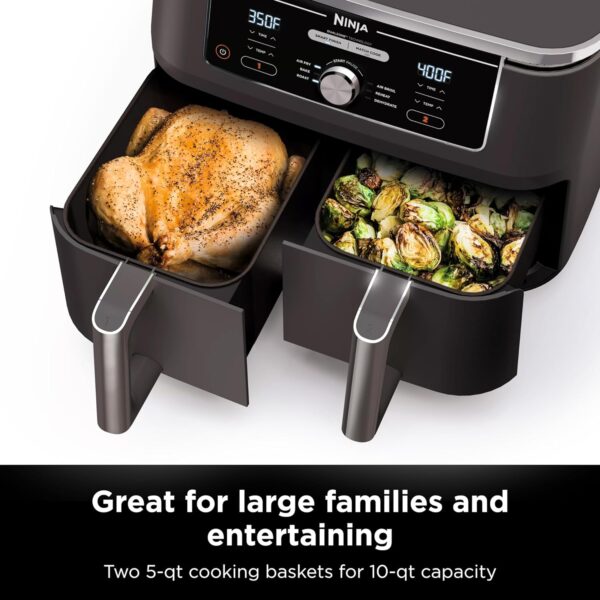 c67e385d96124ccd9d8244129958e27f DZ401 Foodi 10 Quart 6-in-1 DualZone XL 2-Basket Air Fryer with 2 Independent Frying Baskets, Match Cook & Smart Finish to Roast, Broil, Dehydrate for Quick, Easy Family-Sized Meals, Grey