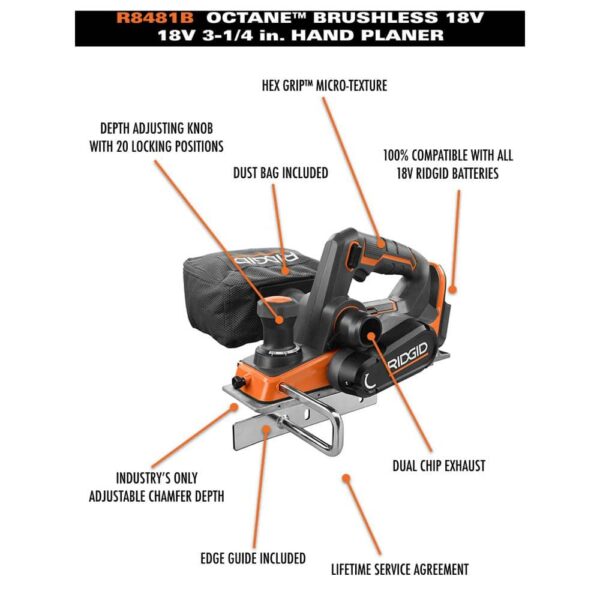 18V OCTANE Brushless Cordless 3-1/4 in. Planer Kit with Dust Bag, Dust Port, Edge Guide, 2.0 Ah Battery, and Charger R8481KSBN
