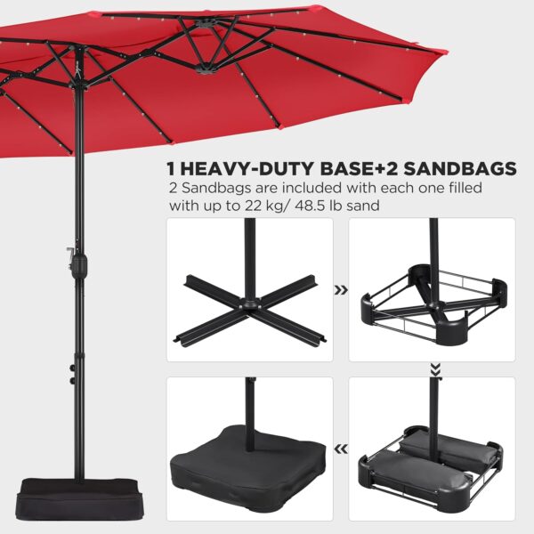 c6f43b6da6824795840f11089f60ba1a 15 ft Large Patio Umbrella with Solar Lights Double-Sided Outdoor Rectangle Market Umbrellas with 36 LED Lights/Base Included/Easy Crank for Patio Garden Yard Pool Lawn, Brown