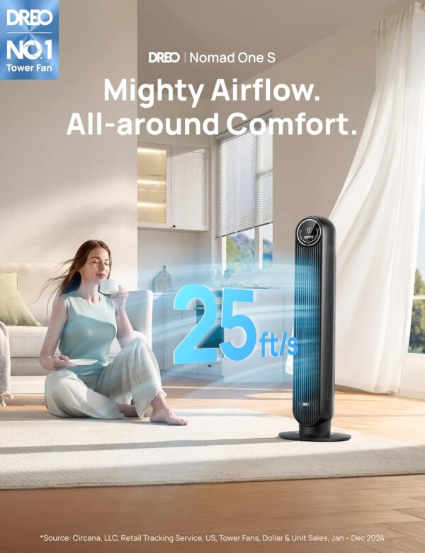 c7cd6d08b33848d7875789041fc1c0f2 Dreo Tower Fan for Bedroom, 25ft/s Smart Standing Fans, 90° Oscillating Floor Fan with 4 Modes, 4 Speeds, 8H Timer, 28dB, Bladeless, Remote, 28 dB, Works with WiFi Voice Control