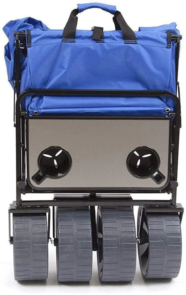 c827760376784ffd87b80b2e98aac367 All Terrain Beach Wagon with Side Table|Heavy Duty Collapsible Folding Cart with Large Wheels for Beach Day, Picnic, Camping, Outdoor Activities | Blue/White