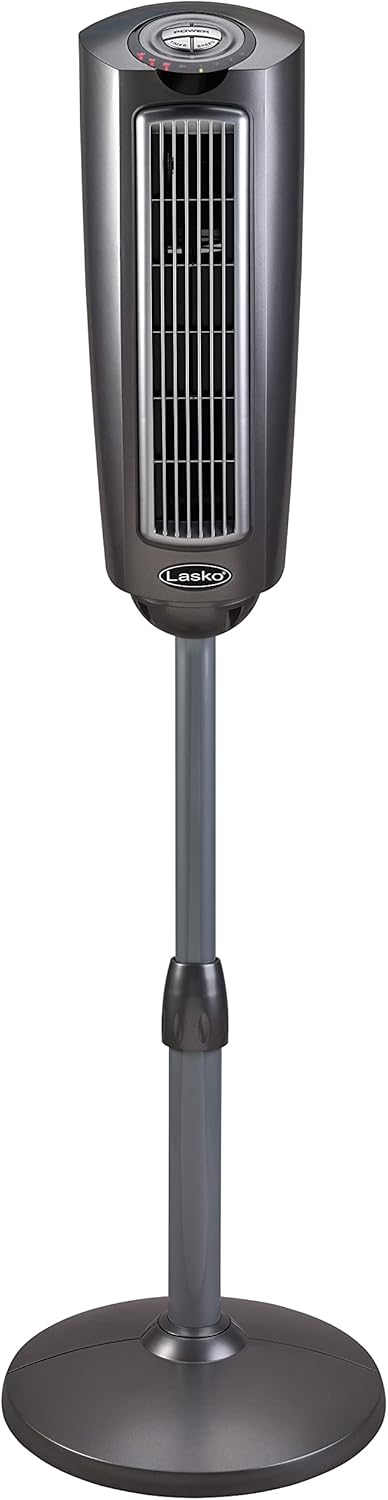 c8363d91b0ad488b966874d8f5f5142e LASKO Elevation 42”-54” Adjustable Height Pedestal Tower Fans for Home, 31 ft/s Airflow, Quiet 28 dB on Low, 90° Oscillation, 12 Hour Timer, Remote Control, Black, EST100