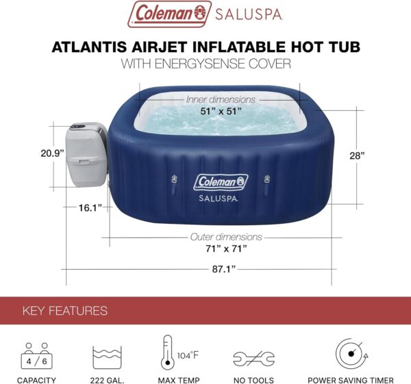 c86b5b962c3d4c448e035eac86efec5b 4 to 6 Person Inflatable Hot Tub Square Portable Outdoor Spa with 114 Soothing AirJets and Insulated Cover, Gray-Coleman