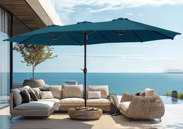c8c488cca63046b8b307e161c777a57c 15ft Patio Umbrella Double-Sided Outdoor Market Extra Large Umbrella with Crank, Umbrella Base Included (Dark Red)