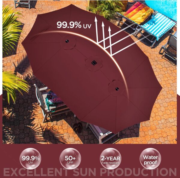 c8f7d95f851b4930a305a52350174cb1 15 ft Large Patio Umbrella with Solar Lights Double-Sided Outdoor Rectangle Market Umbrellas with 36 LED Lights/Base Included/Easy Crank for Patio Garden Yard Pool Lawn, Brown