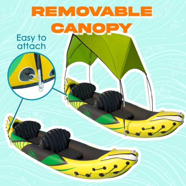 c9632a2c95ab444a974ec2ff26dcaee2 KP Inflatable Kayak 2 Person with Sun Canopy (Detachable) + Kayaks for Adults + 3rd Seat for Dog/Child + Waterproof Phone Bags + Adjustable Seats + Kayak + Backrests & More + New 2024 + Yellow Green
