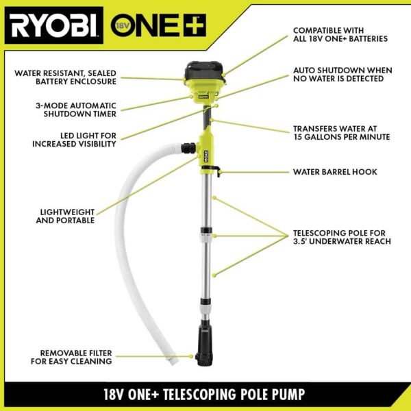 ONE+ 18V Cordless 1/6 HP Telescoping Pole Pump with 2.0 Ah Battery and Charger RY20UP022K