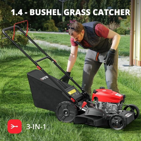 c9ad57746d3f48d3a63e3e8bdf08d4e7 21" Steel Deck Gas Lawn Mower, Heavy-Duty 3-in-1 Push Mower, 144cc 4-Stroke Engine, 6-Position Height Adjustment, Large 1.4 Bushel Grass Catcher, Durable & Efficient for Yard & Garden
