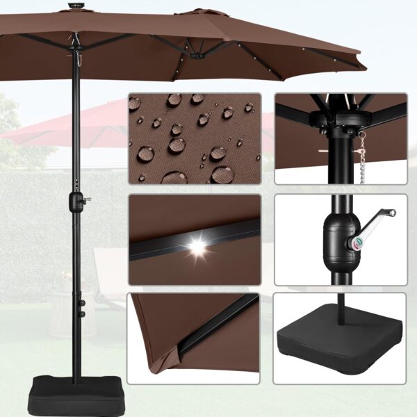 c9dcb19f7266466c8b05f1cf42cf5f99 15 ft Large Patio Umbrella with Solar Lights Double-Sided Outdoor Rectangle Market Umbrellas with 36 LED Lights/Base Included/Easy Crank for Patio Garden Yard Pool Lawn, Brown
