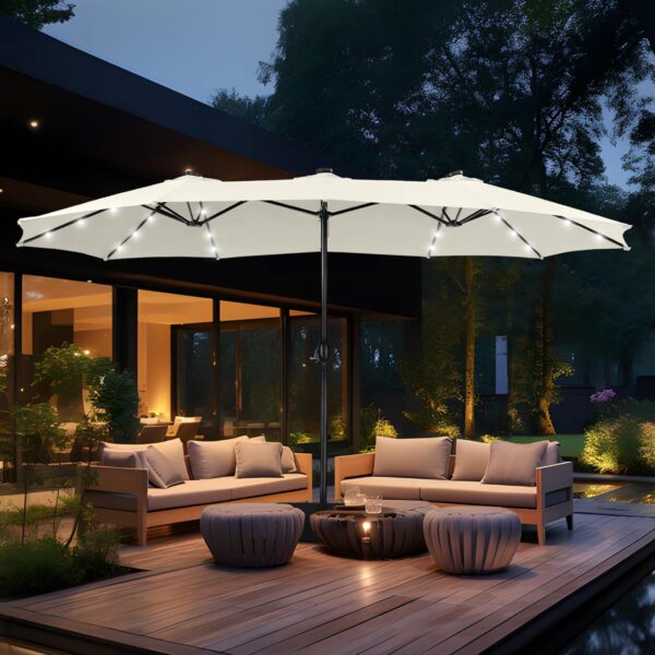 ca4a5e7100f040ba8b75b213038eee3d 15ft Double Sided Patio Umbrella with Solar Lights, Outdoor Large Umbrellas with Crank Handle and 36 LED Lights, Rectangular Market Umbrella with Base Included for Deck Pool Shade