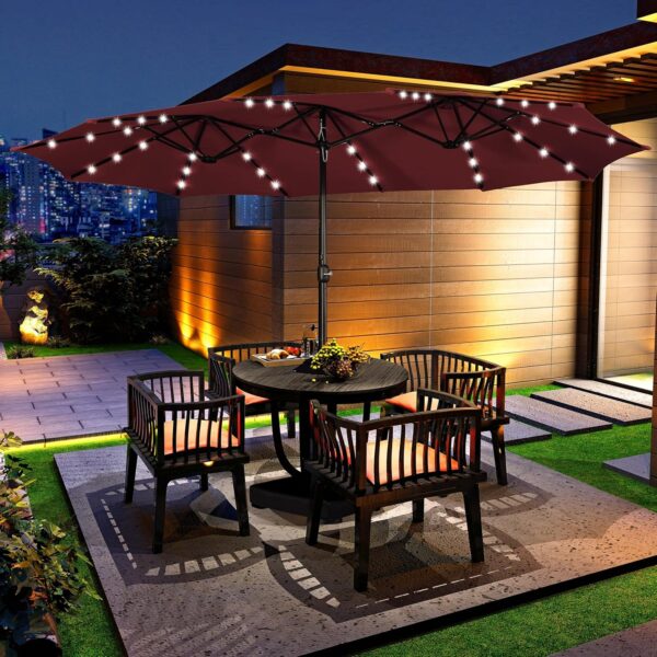 ca8ed32d019d45ef90da0c326bf7bff0 15 ft Large Patio Umbrella with Solar Lights Double-Sided Outdoor Rectangle Market Umbrellas with 36 LED Lights/Base Included/Easy Crank for Patio Garden Yard Pool Lawn, Brown