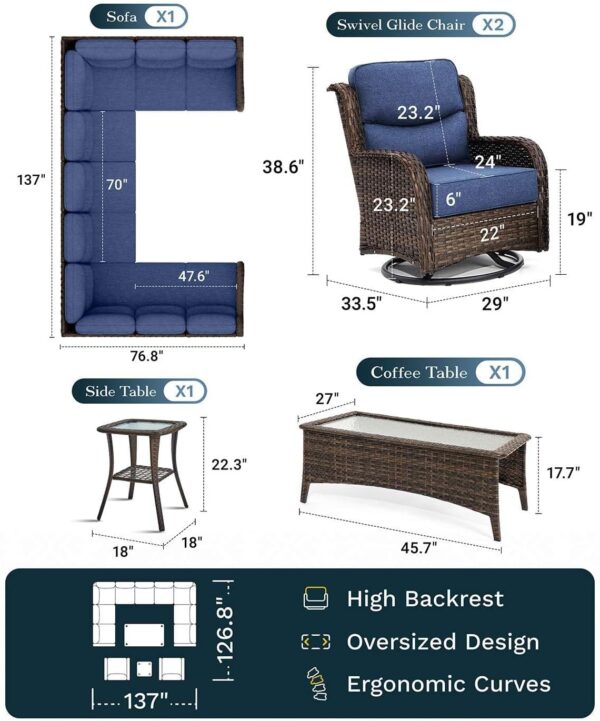 cb08f48bcaac4cde9c22af30f292f7f4 Outdoor Swivel Rocker Patio Chairs with 6-Inch Thick Cushions and Side Table, 3PCS High Back Wicker Patio Furniture Set for Porch, Balcony, Deck and Yard in Blue