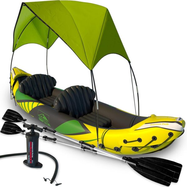 cb3fffc116484487807a48ee5fcb8286 KP Inflatable Kayak 2 Person with Sun Canopy (Detachable) + Kayaks for Adults + 3rd Seat for Dog/Child + Waterproof Phone Bags + Adjustable Seats + Kayak + Backrests & More + New 2024 + Yellow Green