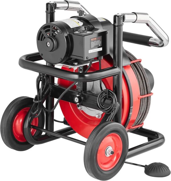 cb90356e9edb49ff9379b36f950a7fc1 VEVOR Drain Cleaner Machine 100FT x 1/2 Inch, Auto Feed Sewer Snake Auger on Wheels, 550W Portable Drain Cleaning Machine with 8 Cutters & Air-activated Foot Switch for 2" to 4" Pipes