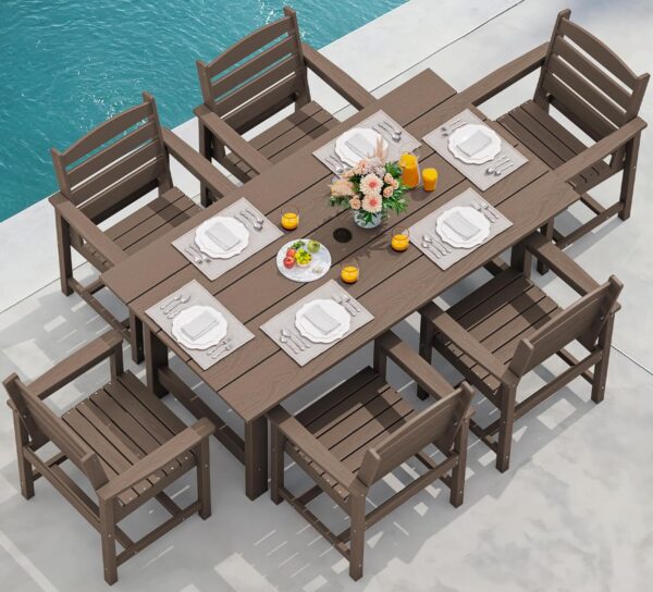 cbde033fffee4ca7b6939394abe309ca 7-Piece Patio Table Set, Outdoor HDPE Dining Furniture with Umbrella Hole, All Weather Table and Chairs for Lawn, Garden, Poolside, Aruba