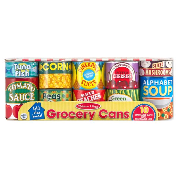 Melissa & Doug Grocery Cans Play Food Kitchen Accessory - 10 Stackable Cans With Removable Lids