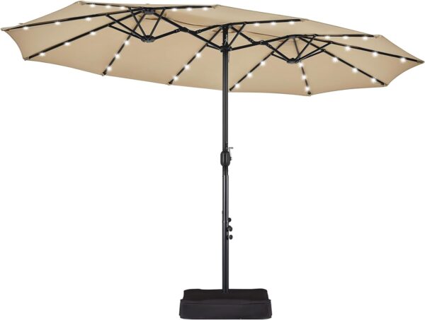 cd742b69af6b4133818f56923a4ad53b 15 ft Large Patio Umbrella with Solar Lights Double-Sided Outdoor Rectangle Market Umbrellas with 36 LED Lights/Base Included/Easy Crank for Patio Garden Yard Pool Lawn, Brown