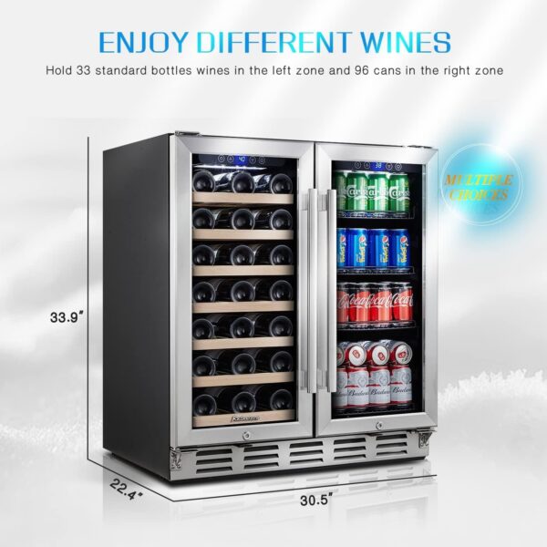 ce31d6132c53493fb552f214e0fc8b42 24 inch Wine Cooler, 46 Bottle - Dual Zone Built-in or Freestanding Fridge with Stainless Steel Reversible Glass Door, for Home, Kitchen, or Office.