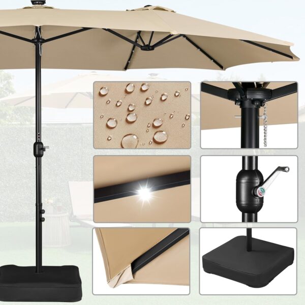 cec72c27b5ca43c2adf671779efb612e 15 ft Large Patio Umbrella with Solar Lights Double-Sided Outdoor Rectangle Market Umbrellas with 36 LED Lights/Base Included/Easy Crank for Patio Garden Yard Pool Lawn, Brown