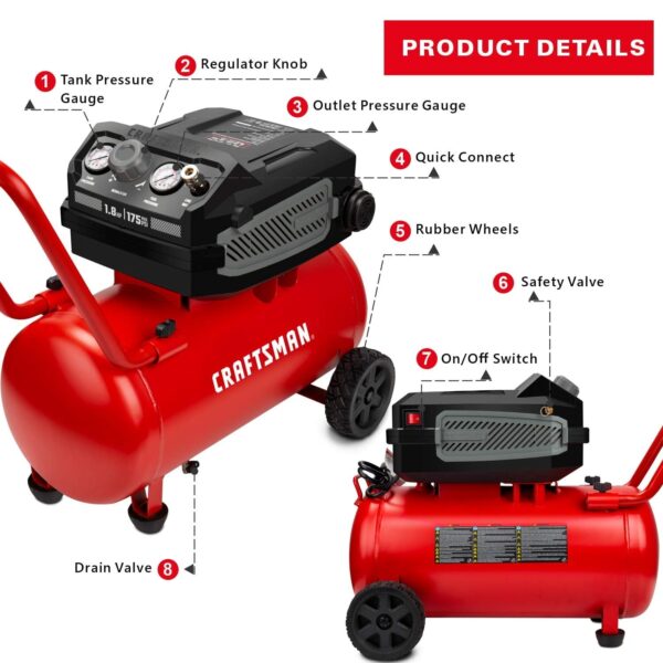 cf192e54a50049b3b59a801c2f12cc73 CRAFTSMAN HARD Air Compressor, 10 Gallon 1.8 HP 175 PSI, 4.0CFM@90PSI, Oil Free and Maintenance Free, Portable with Large Wheels, CMXECXA0201041