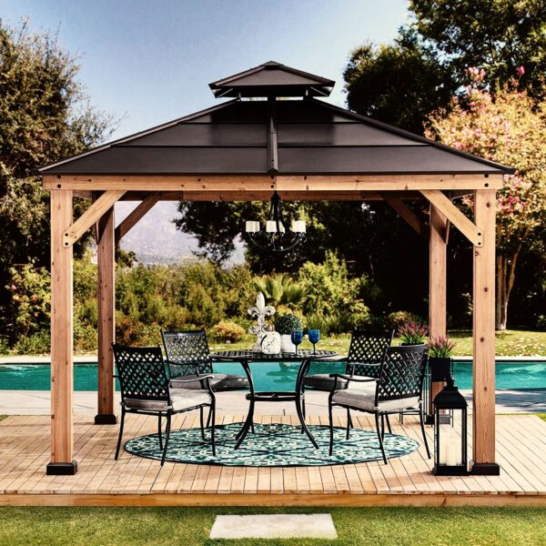 cf60778f608f4b9db2ad2a19c944a600 10 ft. x 10 ft. Cedar Framed Gazebo with Steel 2-Tier Hip Roof Hardtop