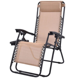 Resenkos Outdoor Folding Zero Gravity Reclining Lounge Chair with Utility Tray-Beige, Zero Gravity Lawn Lounge Chairs with Cup Holder, Reclining Folding Outdoor Chairs for Deck, Beach, Yard