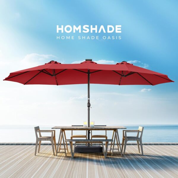 d08e29516a32494cb560bcbded4d77c7 Double Sided Patio Umbrellas - 15ft Solar Lights LED Lighted Outdoor Extra Large Market Table Umbrella with Base Included, Oversized Umbrella for Deck, Pool, Backyard (Beige)