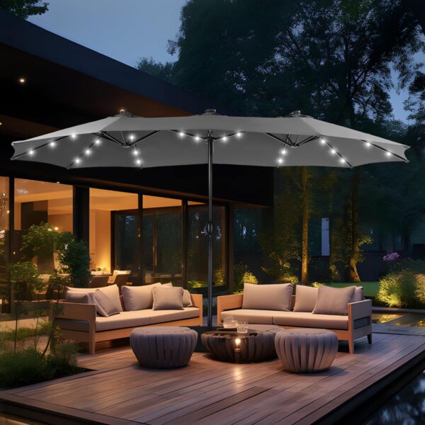 d0adda0c9feb488b912383e0df34f74e 15ft Double Sided Patio Umbrella with Solar Lights, Outdoor Large Umbrellas with Crank Handle and 36 LED Lights, Rectangular Market Umbrella with Base Included for Deck Pool Shade