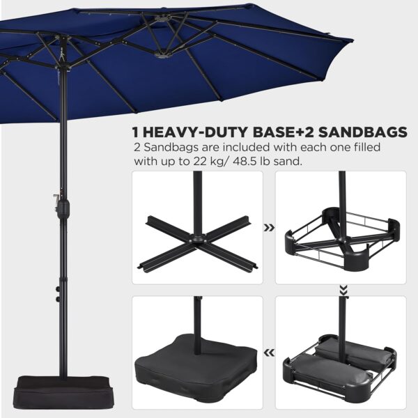 d14dda36ce53452abec94d42d61f94c3 15 ft Large Patio Umbrella with Solar Lights Double-Sided Outdoor Rectangle Market Umbrellas with 36 LED Lights/Base Included/Easy Crank for Patio Garden Yard Pool Lawn, Brown