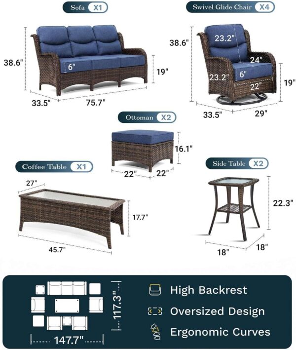 d342446292454ed9bb54336c7fccd866 Outdoor Swivel Rocker Patio Chairs with 6-Inch Thick Cushions and Side Table, 3PCS High Back Wicker Patio Furniture Set for Porch, Balcony, Deck and Yard in Blue