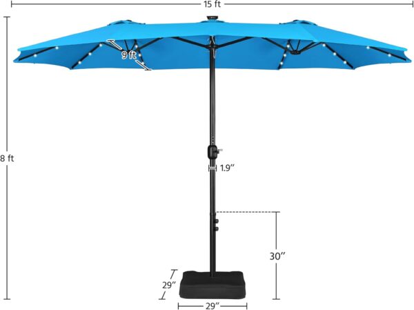 d356ac3a4a564c9fbc8def7f95dac705 15 ft Large Patio Umbrella with Solar Lights Double-Sided Outdoor Rectangle Market Umbrellas with 36 LED Lights/Base Included/Easy Crank for Patio Garden Yard Pool Lawn, Brown
