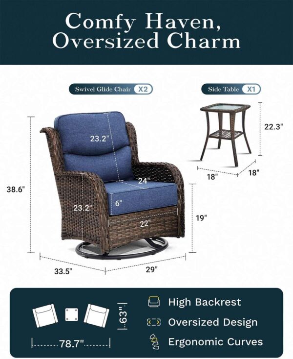 d357723544224a7f821a7b6a417a70ff Outdoor Swivel Rocker Patio Chairs with 6-Inch Thick Cushions and Side Table, 3PCS High Back Wicker Patio Furniture Set for Porch, Balcony, Deck and Yard in Blue