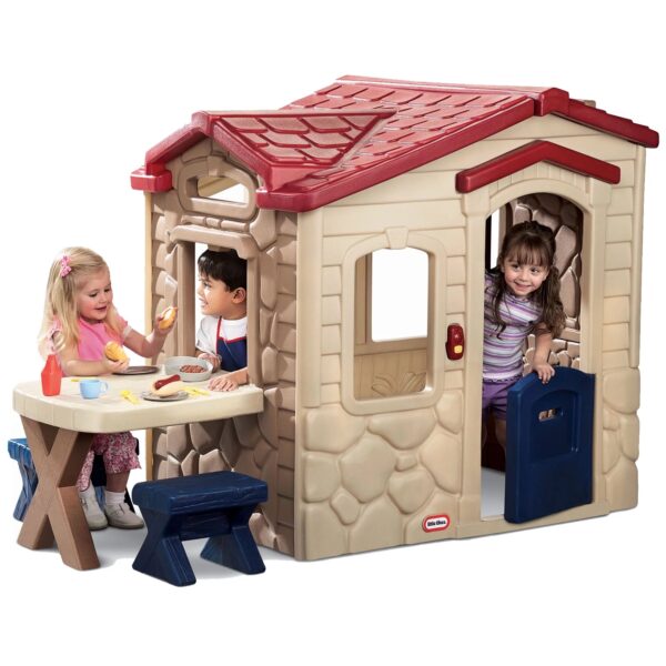 Little Tikes Picnic on the Patio Playhouse with 20 Play Accessories, Working Doorbell, Indoor and Outdoor Backyard Toy, Tan- For Kids Toddlers Boys Girls Ages 2 3 4+ Year Old