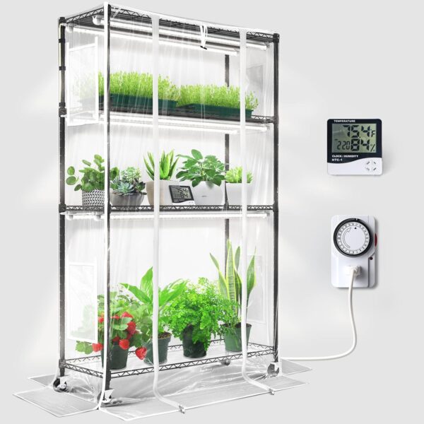 d434576fc7f046988798b43f027d641b Mini Greenhouse with LED Grow Light for Indoor Plant, 4-Tier Portable Metal Plant Stand with Wheels, Plant Shelf with Tent, 6Pcs Plant Light with Timer and Thermo-Hygrometer, 35.4x13.8x59IN