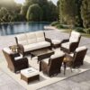 Outdoor Swivel Rocker Patio Chairs with 6-Inch Thick Cushions and Side Table, 3PCS High Back Wicker Patio Furniture Set for Porch, Balcony, Deck and Yard in Blue