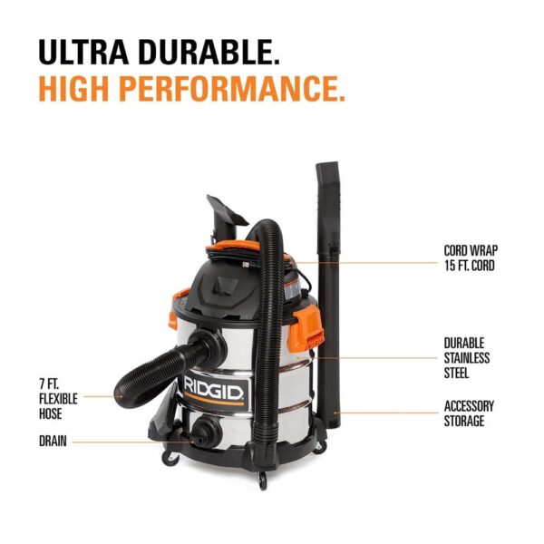 d4cd62f845cb4b46a8717e4c9334644f 10 Gallon 6.0 Peak HP Stainless Steel Wet/Dry Shop Vacuum with Filter, Locking Hose and Accessories WD1060