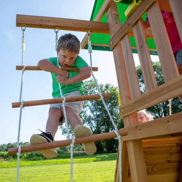 d5b83c22f9044eaeb62e8940d861d1d8 Backyard Discovery Mount Mckinley Cedar Wood Swing Set with Wave Slide, Play Deck, Double Rock Wall, Rope Ladder, Web Swing, Belt Swings, Toy Telescope, Steering Wheel, Sandbox Area, Outdoor Playset