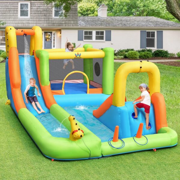 d787059873184855ad5b9ac94d81f809 Costway Inflatable Water Slide Park Bounce House Splash Pool with 750W Blower
