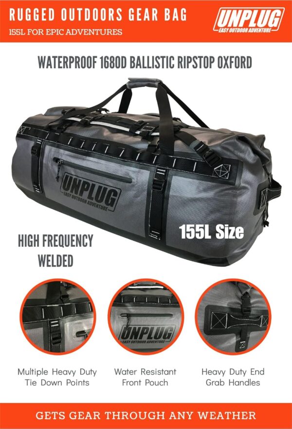 d7b02ac52e8b42349ce541188ea126ed UNPLUG Ultimate Adventure Bag -1680D Heavy Duty Waterproof Travel Duffel Bags for Camping, Motorcycle Dry Bag, Waterproof Bags for Boating, Waterproof Duffle Backpack,Tactical Duffle Bag
