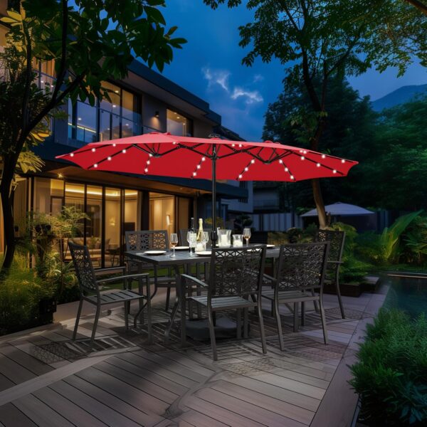 d84a0eaa82f84731827c3d4e4d16cb00 15 ft Large Patio Umbrella with Solar Lights Double-Sided Outdoor Rectangle Market Umbrellas with 36 LED Lights/Base Included/Easy Crank for Patio Garden Yard Pool Lawn, Brown